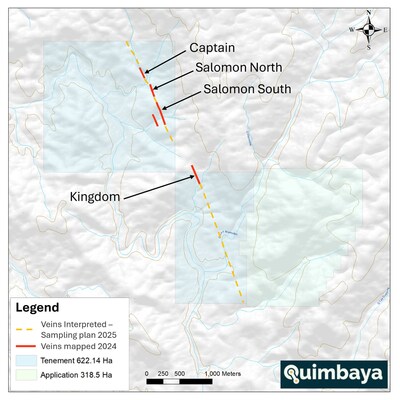 Figure 2. General map included the mapped gold/silver veins corridor (red) and the interpreted veins corridor (orange) for the exploration plan of 2025. (CNW Group/Quimbaya Gold Inc.) Figure 2. General map included the mapped gold/silver veins corridor (red) and the interpreted veins corridor (orange) for the exploration plan of 2025. (CNW Group/Quimbaya Gold Inc.)