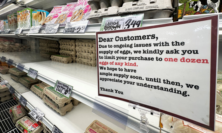 A sign asks customers to limit their purchase of eggs at a grocery store on Feb. 10, 2025 in South Pasadena, Calif.