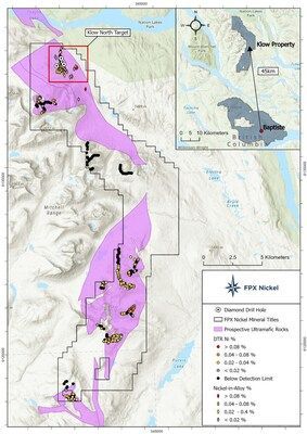 Figure 1 – Klow Property Map with Historic Rock Sampling and Drill Hole Collars (CNW Group/FPX Nickel Corp.)
