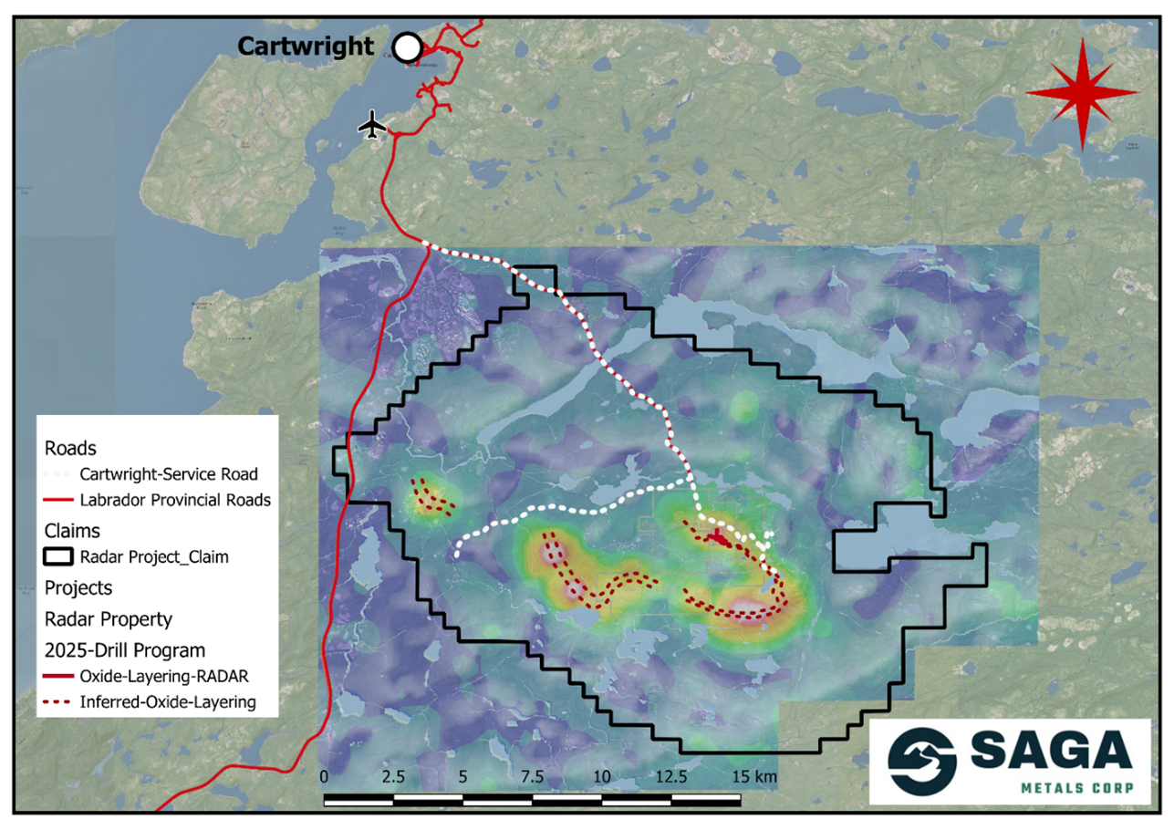 Map of the Radar project highlighting the oxide layering, road access, and proximity to the town of Cartwright, Labrador. SAGA