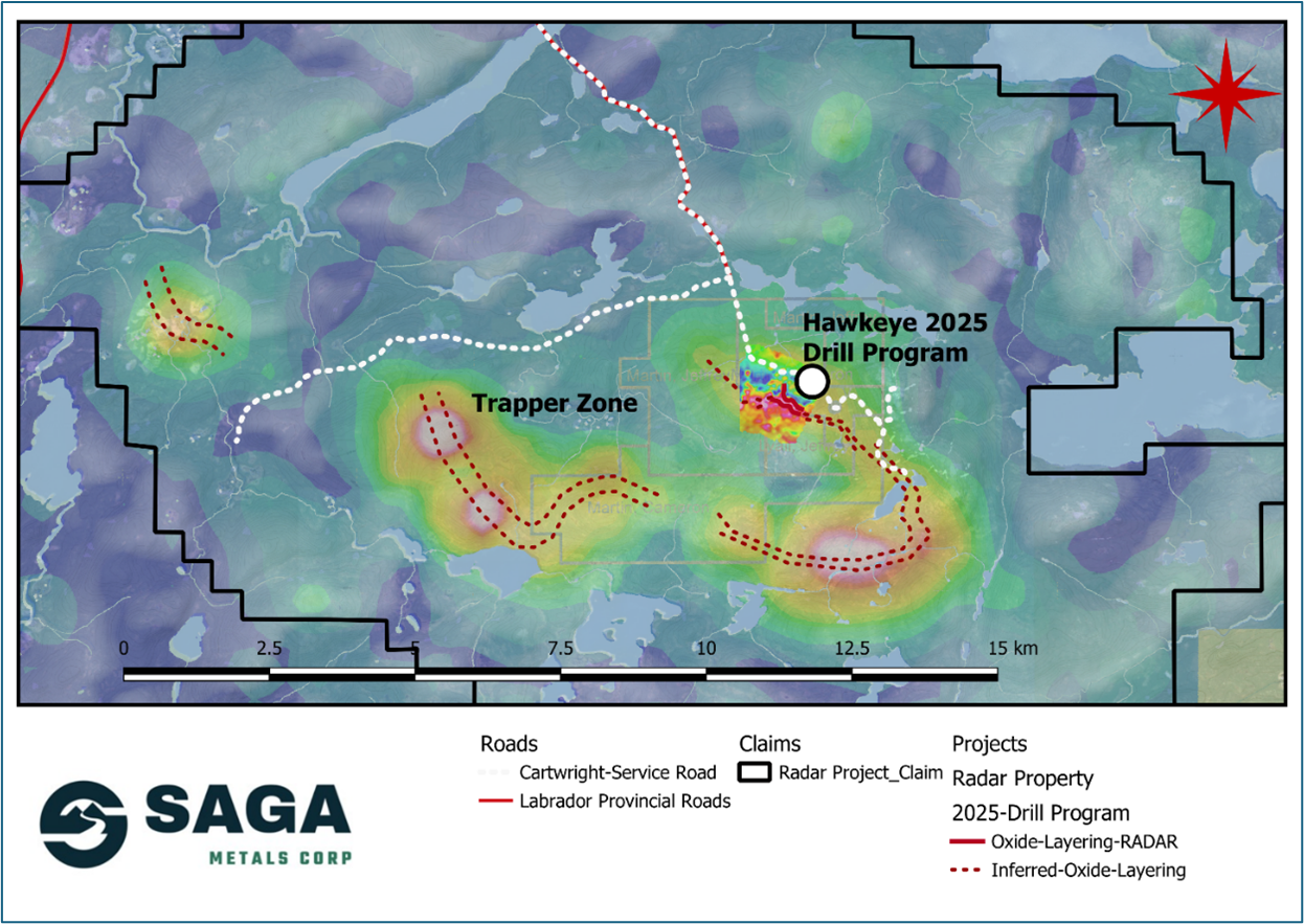 The prospective oxide layering zone on the Radar property extends for an inferred 20km strike length, as shown on a compilation of historical airborne geophysics, which SAGA confirmed in the 2024 field programs.