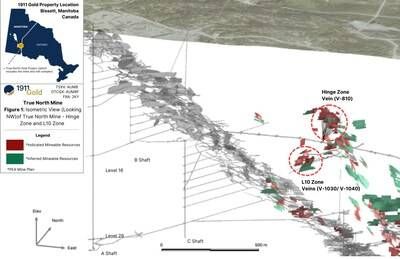Figure 1: Isometric View (looking NW) of True North Mine-Hinge Zone and L10 Zone (CNW Group/1911 Gold Corporation)
