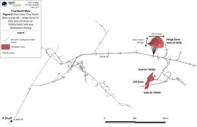 Figure 2: Plan View-True North Mine (Level 16)-Hinge and L10 Infill and Delineation Drilling (CNW Group/1911 Gold Corporation)